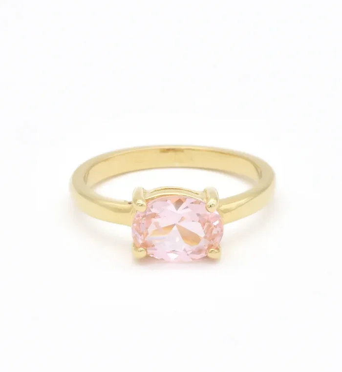Gold Morganite Ring, Solitaire Oval Ring, Pink Engagement Ring