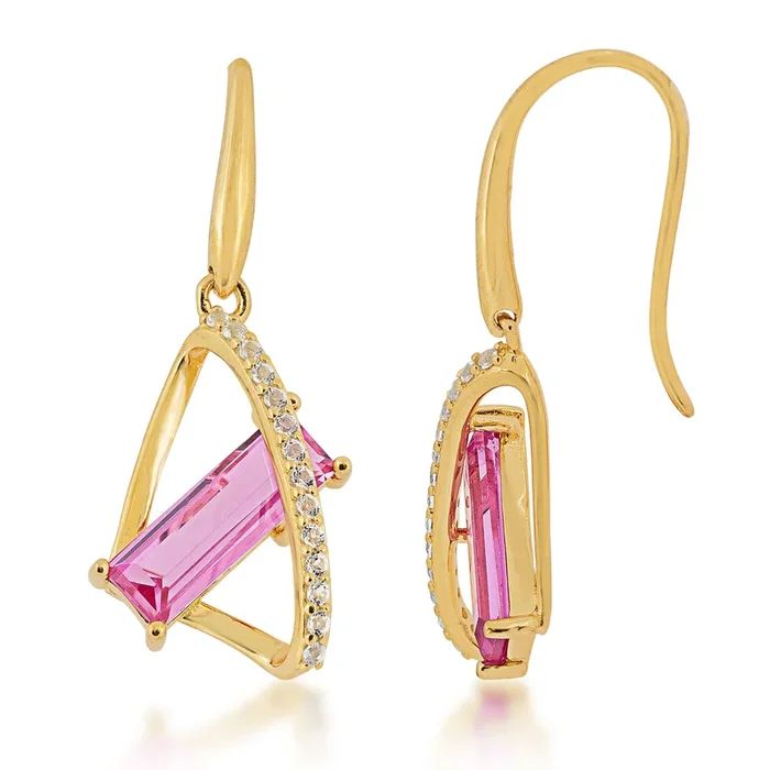 Gold Over Sterling Silver Created Pink Sapphire and White Topaz Earrings