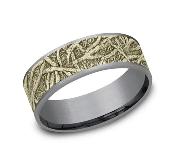 Gray Tantalum And 14K Yellow Gold ‘The Arko’ Tree Roots Patterned 7.5mm Wedding Band
