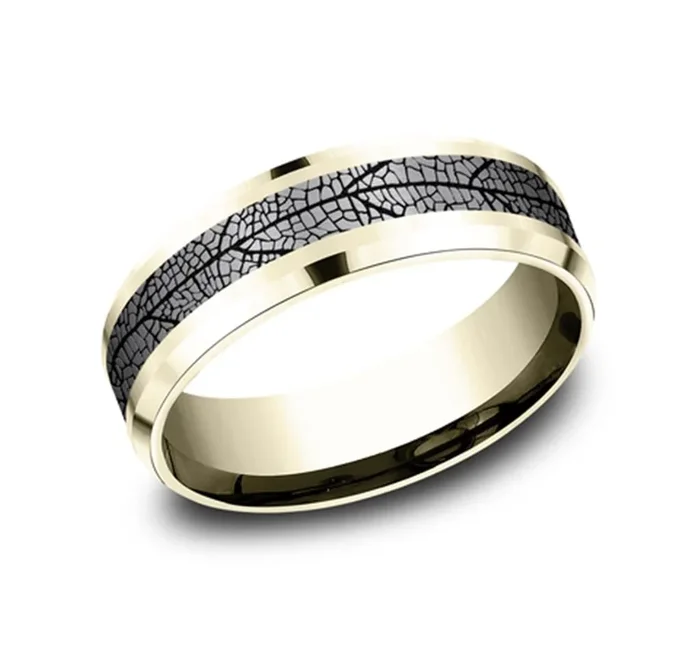 Gray Tantalum And 14K Yellow Gold ‘The Bryce’ Leaf Patterned 7mm Wedding Band