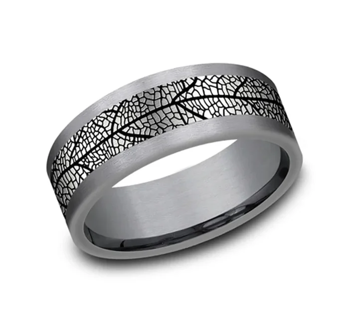 Gray Tantalum And Black Titanium ‘The Bryce’ 8mm Leaf Pattern Wedding Band