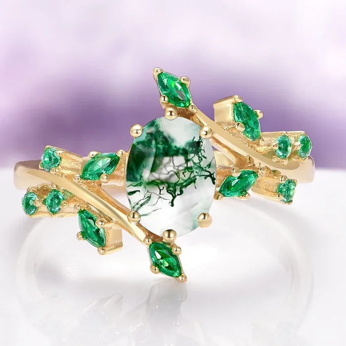 Green Moss Agate & Emerald Leaf Engagement Ring in 14K Solid Yellow Gold