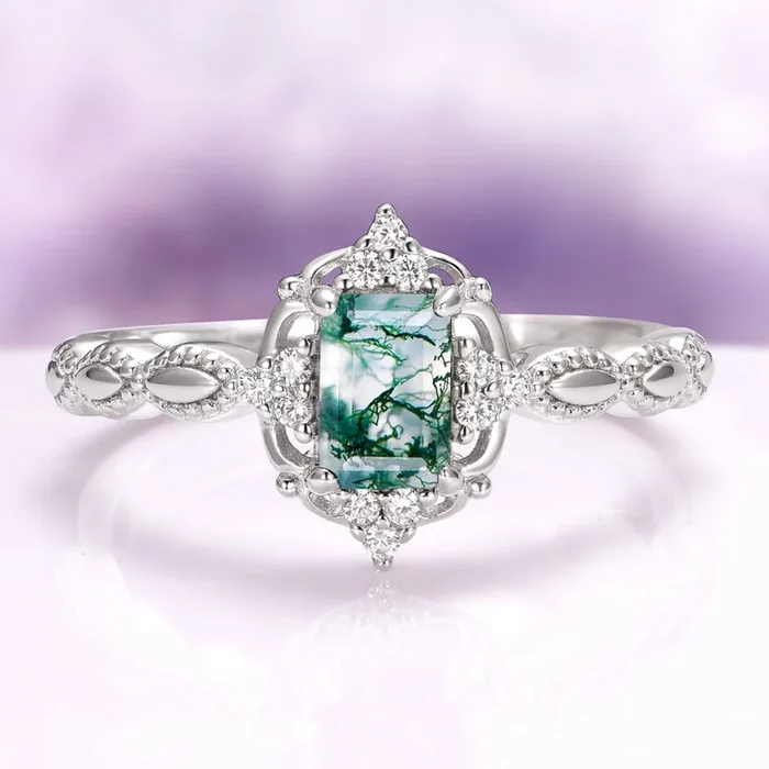 Green Moss Agate Engagement Ring in 14K White Gold