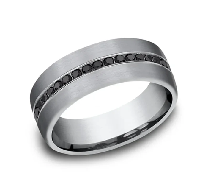 Grey Tantalum Satin Finish 7.5mm Domed Channel Set Wedding Band With Black Diamonds