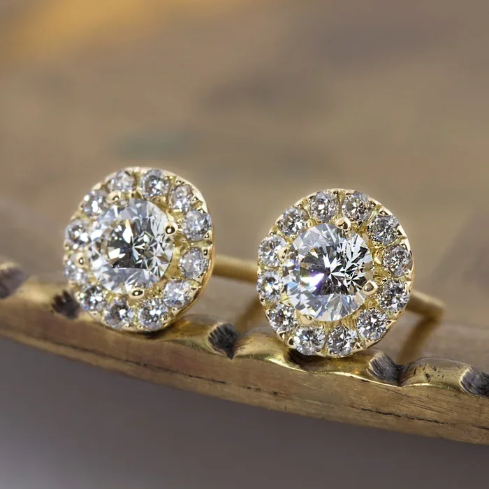 Halo Diamond Stud Earrings – GIA certified G Color SI Clarity Round Brilliant Excellent Cut Diamond, 14k yellow gold