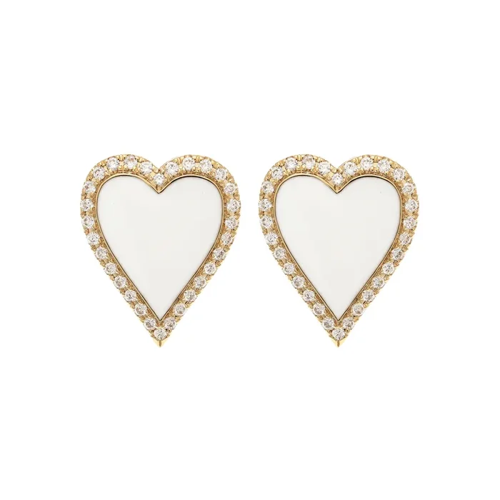 Halo Heart Earrings in White Enamel & Diamonds