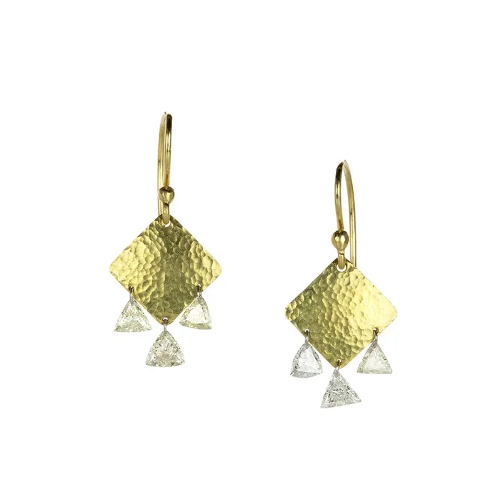 Hammered Gold Drop Earrings with Trillion Diamonds