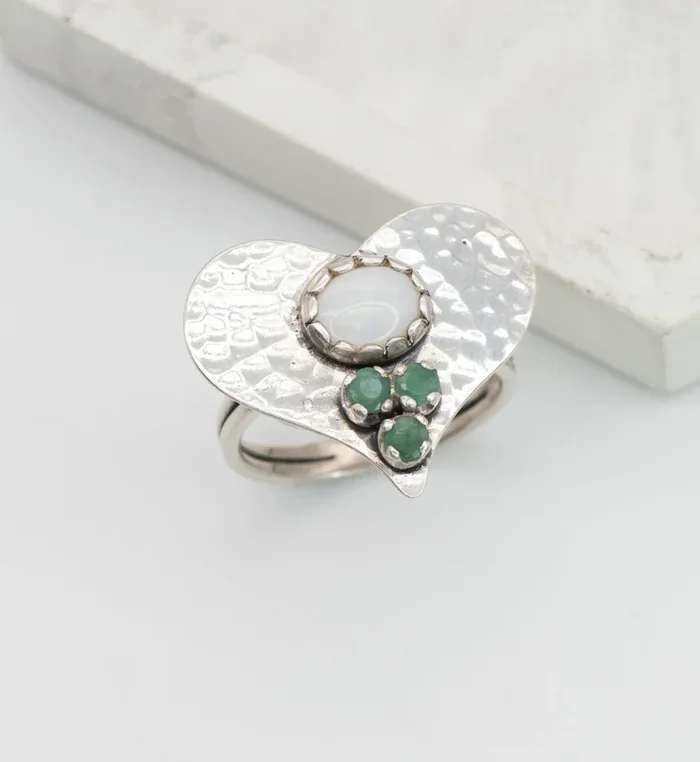 Hammered Heart Opal Ring, Opal & Emerald Ring, Statement Heart Ring