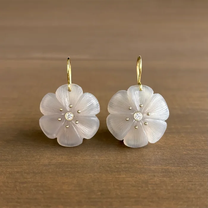 Hand Carved Chalcedony Flower Earrings