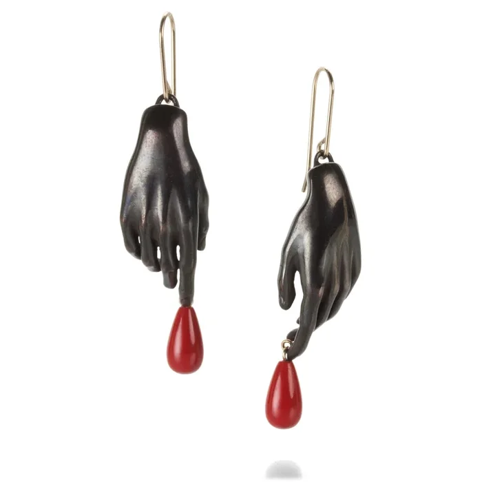 Hand Earrings with Red Drops