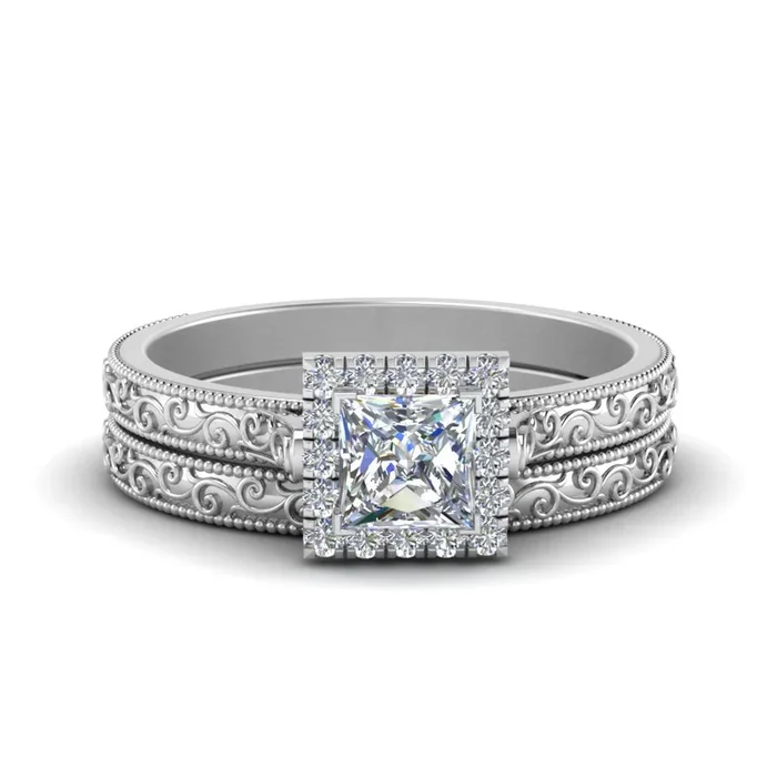 Hand Engraved Halo Princess Cut Bridal Ring Set