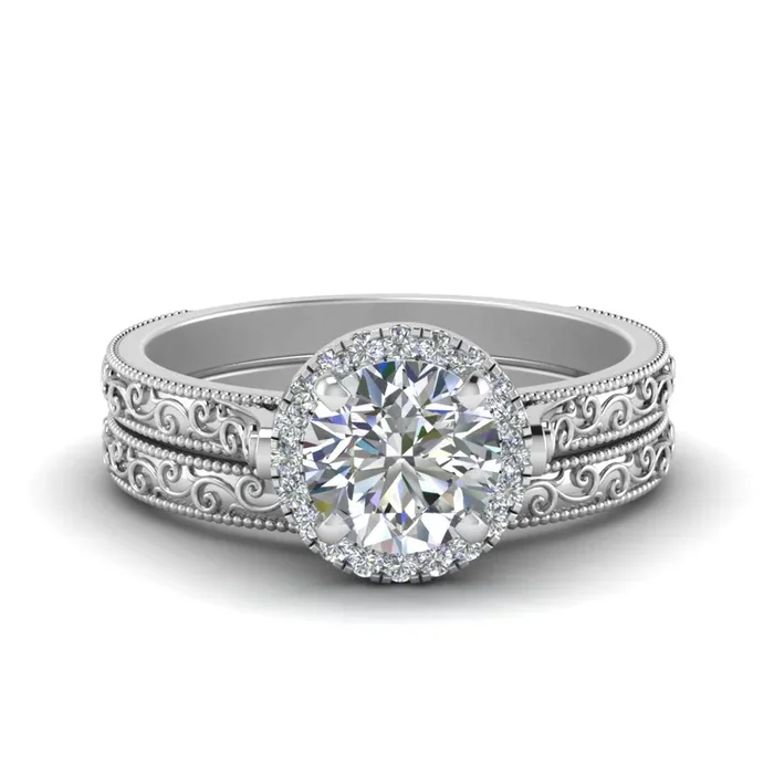 Hand Engraved Halo Round Bridal Ring Set