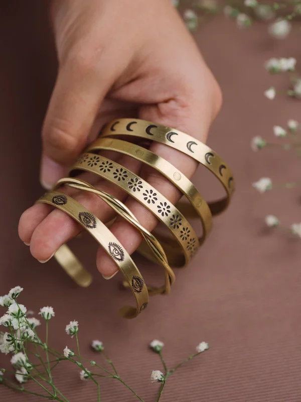 Hand Stamped – Stack of 5 Adjustable Brass Bracelets (Anti Tarnish)