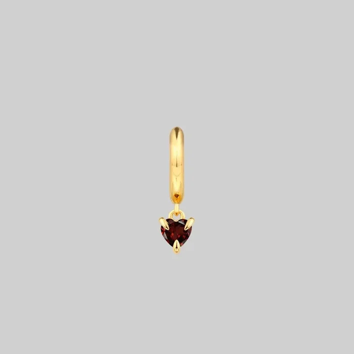 HEART & SOUL. Garnet Dangly Heart Hoop Earrings – Gold