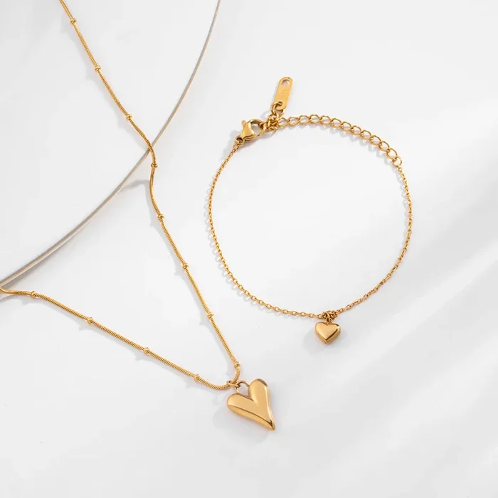 Heart Ball Chain Pendant & Cute Heart Bracelet Combo Set