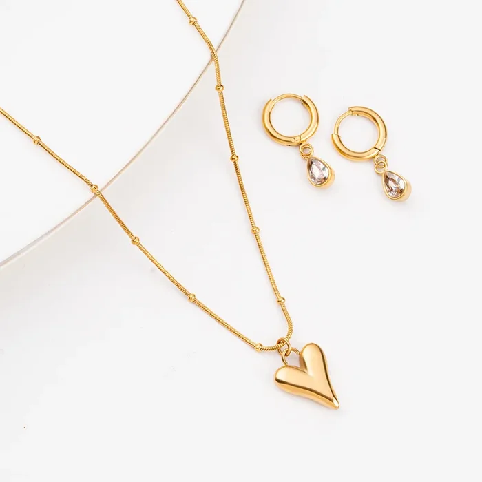 Heart Ball Chain Pendant & Solitaire Drop Hoop Earrings Combo Set