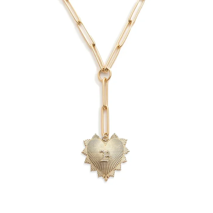 Heart Love Token Initial Extended Clip Extension Necklace : in Yellow Gold with Pave Diamonds