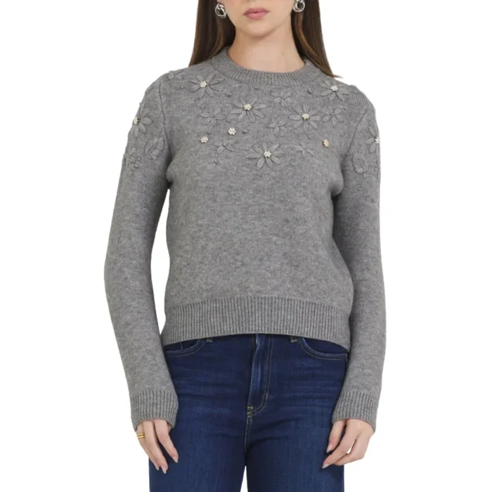 Heather Grey Floral Embellished Knit Sweater