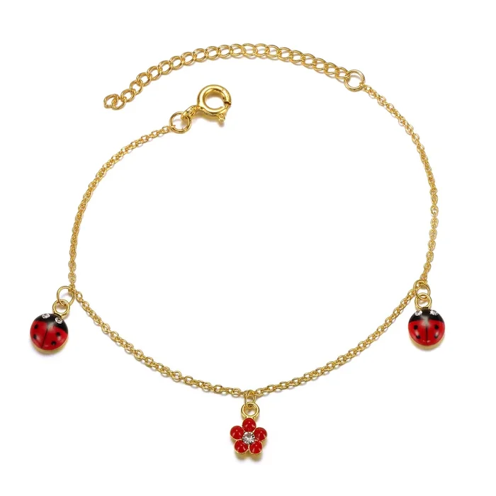 Helene Red & Black Enamel Crystal Lady Bug & Flower Triple Charm Bracelet