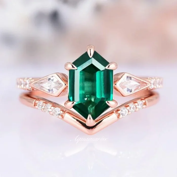 Hexagon Emerald Ring Set- 14K Solid Rose Gold