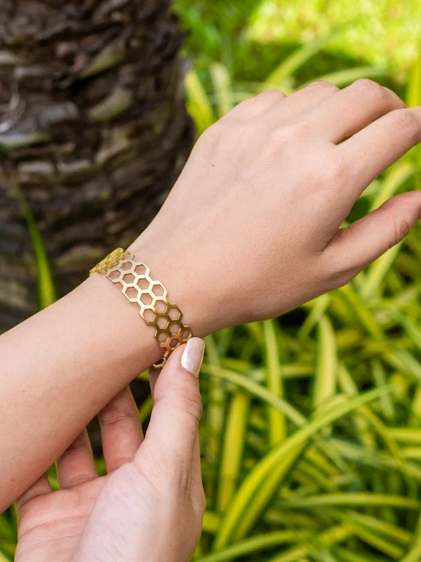 Honeycomb Statement Brass Adjustable Bracelet (Anti Tarnish)
