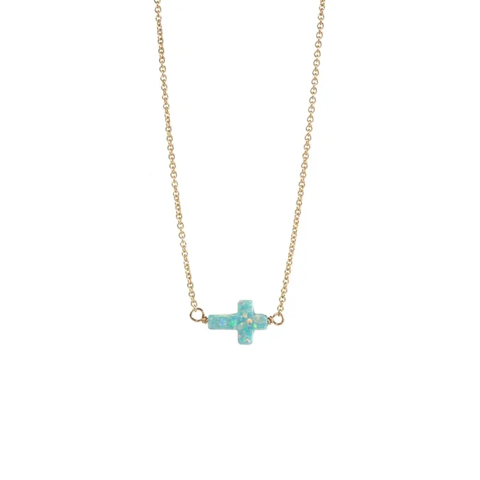 HORIZONTAL CROSS | Small Opal Pendant in Gold Filled Chain Necklace