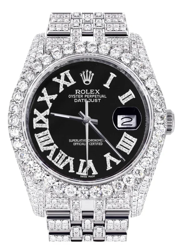 Iced Out Rolex Datejust 36 MM | Stainless Steel | 10 Carats of Diamonds | Black Roman Diamond Dial | Jubilee Band