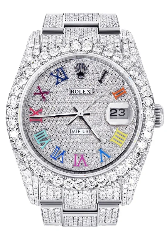 Iced Out Rolex Datejust 36 MM | Stainless Steel | 10 Carats of Diamonds | Full Diamond Color Roman Diamond Dial | Oyster Band