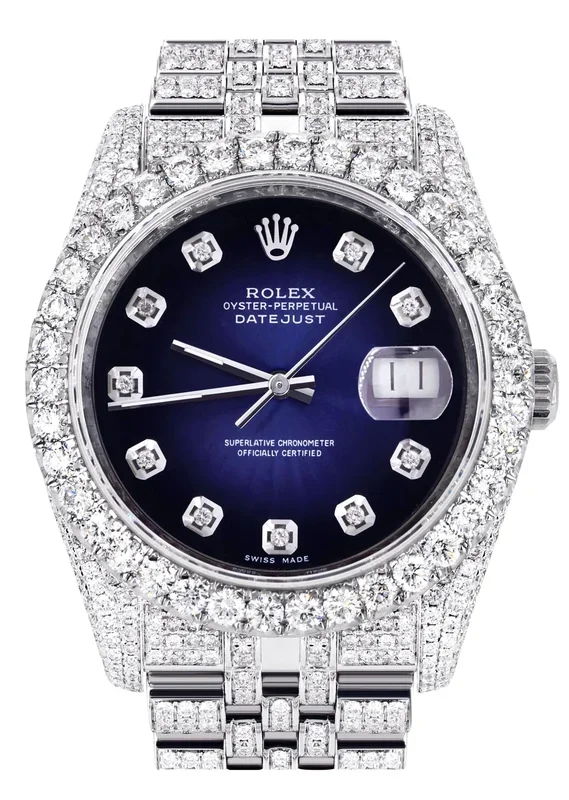Iced Out Rolex Datejust 36 MM | Stainless Steel | 16.5 Carats of Diamonds | Blue Black Diamond Dial | Jubilee Band | Model 116200