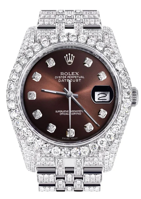 Iced Out Rolex Datejust 36 MM | Stainless Steel | 16.5 Carats of Diamonds | Brown Diamond Dial | Jubilee Band | Model 116200