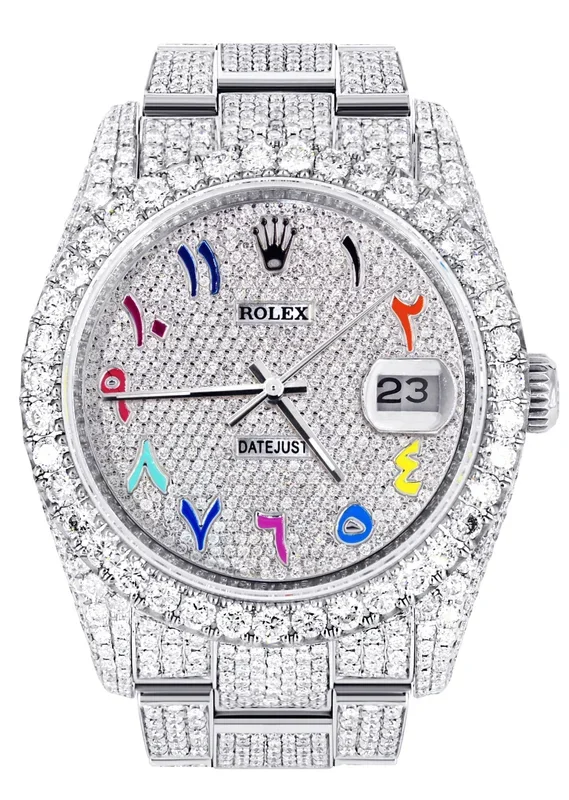 Iced Out Rolex Datejust 36 MM | Stainless Steel | 16.5 Carats of Diamonds | Full Diamond Color Arabic Diamond Dial | Oyster Band