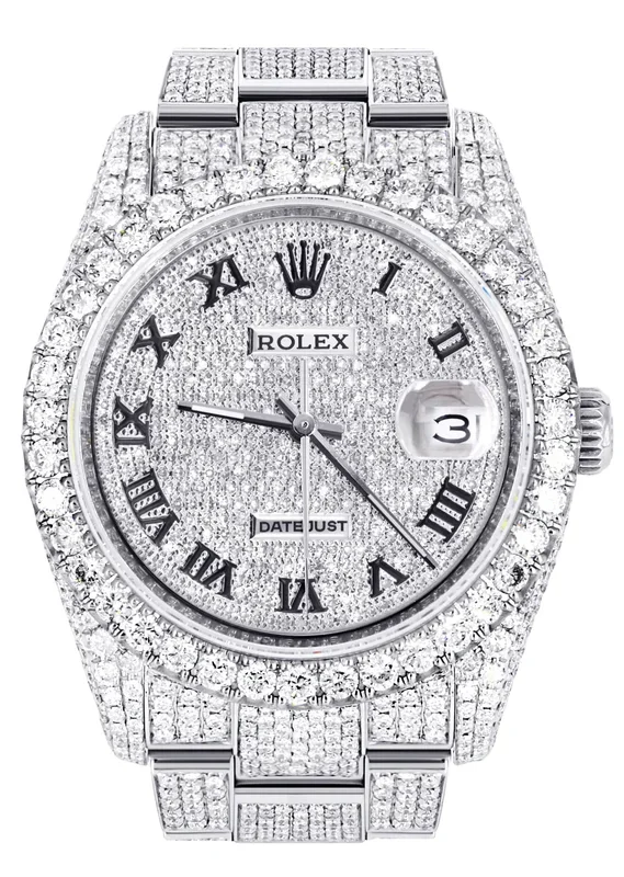 Iced Out Rolex Datejust 36 MM | Stainless Steel | 16.5 Carats of Diamonds | Full Diamond Roman Numeral Diamond Dial | Oyster Band | Model 116200