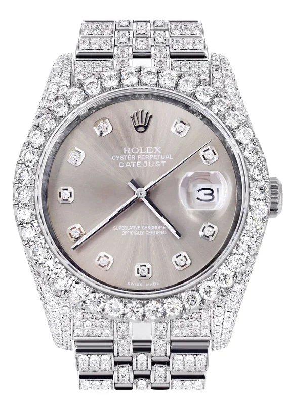 Iced Out Rolex Datejust 36 MM | Stainless Steel | 16.5 Carats of Diamonds | Grey Diamond Dial | Jubilee Band | Model 116200