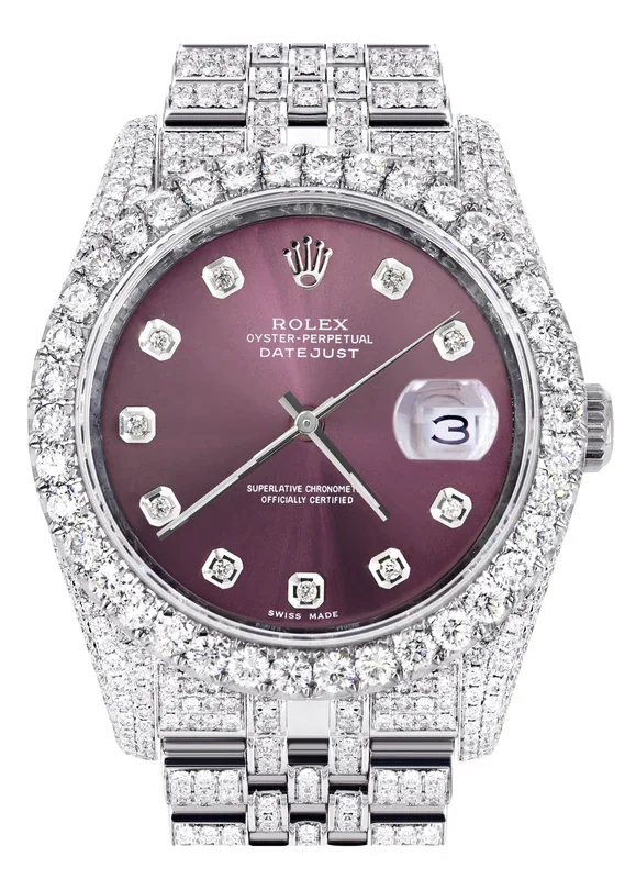 Iced Out Rolex Datejust 36 MM | Stainless Steel | 16.5 Carats of Diamonds | Purple Diamond Dial | Jubilee Band | Model 116200