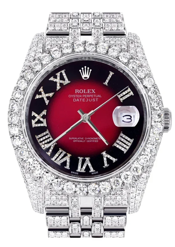 Iced Out Rolex Datejust 36 MM | Stainless Steel | 16.5 Carats of Diamonds | Red Black Roman Diamond Dial | Jubilee Band | Model 116200