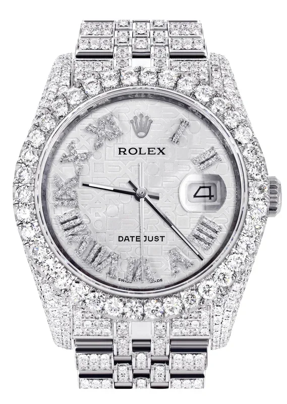 Iced Out Rolex Datejust 36 MM | Stainless Steel | 16.5 Carats of Diamonds | Silver Texture Roman Diamond Dial | Jubilee Band | Model 116200