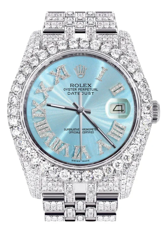 Iced Out Rolex Datejust 36 MM | Stainless Steel | 16.5 Carats of Diamonds | Sky Blue Roman Diamond Dial | Jubilee Band | Model 116200