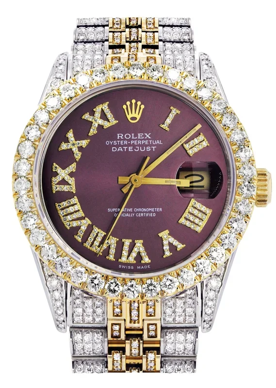 Iced Out Rolex Datejust 36 MM | Two Tone | 10 Carats of Diamonds | Burgundy Roman Diamond Dial