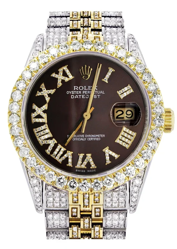 Iced Out Rolex Datejust 36 MM | Two Tone | 10 Carats of Diamonds | Chocolate Roman Diamond Dial