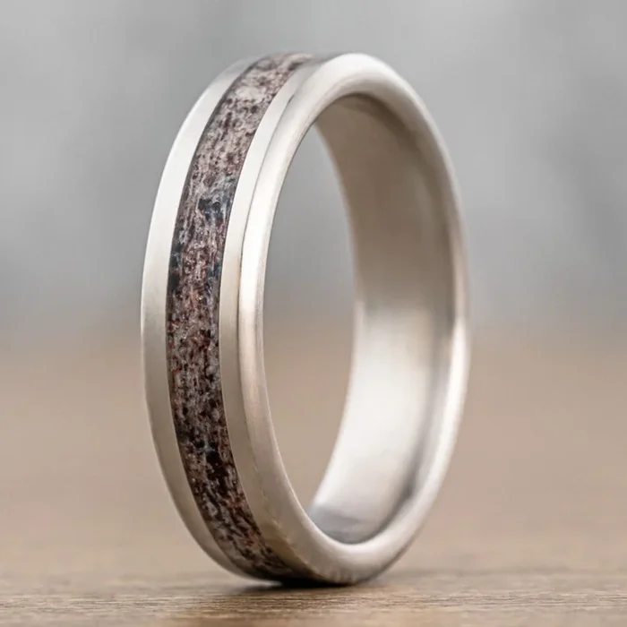 (In-Stock) The Marksman | Men’s Titanium Wedding Band with Elk Antler Inlay – Size 10.75 | 6mm Wide