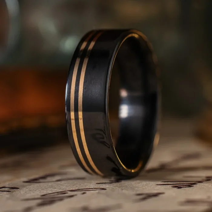 (In-Stock) The Titan Noir | Men’s Black Titanium Wedding Band with Dual Offset 14K Yellow Gold Inlays – Size 11.5 | 6mm Wide