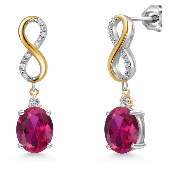 Infinity Drop Dangle Earrings For Women | 10X8MM Oval Gemstone Birthstone and White Lab Grown Diamond | 925 Silver and 10K Yellow Gold Oval