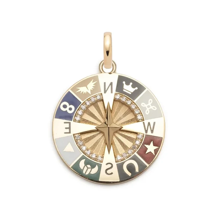 Internal Compass Large Ceramic Medallion : in Yellow Gold with Diamonds and an Annex Link