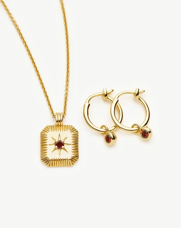 January Birthstone Necklace & Charm Earrings Set | 18k Gold Vermeil/Garnet