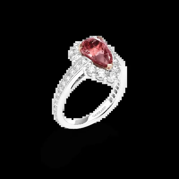 Jewelled Vault 3.01ct Pear Shape Padparadscha Sapphire and Diamond High Jewellery Ring|In 18ct White Gold