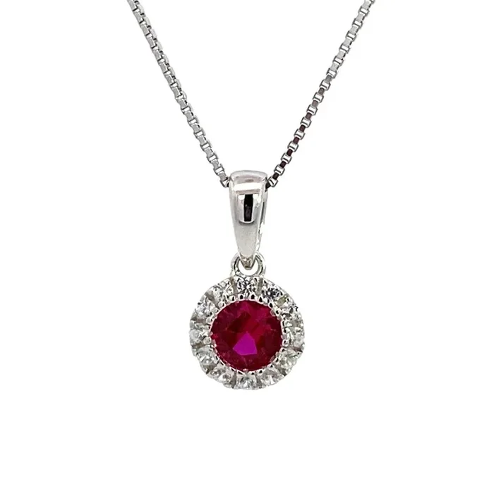 July Birthstone Pendant: Sterling Silver Lab Grown Ruby Halo Pendant Necklace