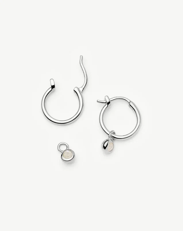 June Birthstone Mini Charm Hoop Earrings | Sterling Silver/Rainbow Moonstone