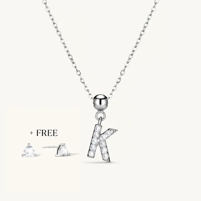K Diamond Initial Charm Necklace + FREE Diamond Trio Studs Silver