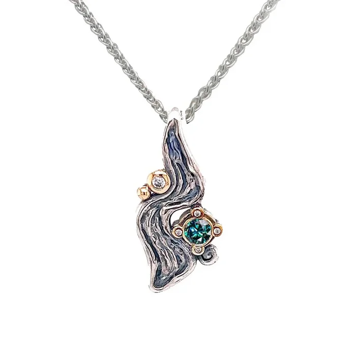 Keith Jack Rocks n Rivers Mystic Blue Moissanite Necklace in Sterling Silver and 10kt Yellow Gold with Cubic Zirconia