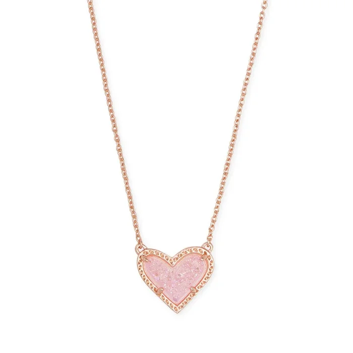 Kendra Scott Ari Heart Short Pendant Necklace Rose Gold Pink Drusy